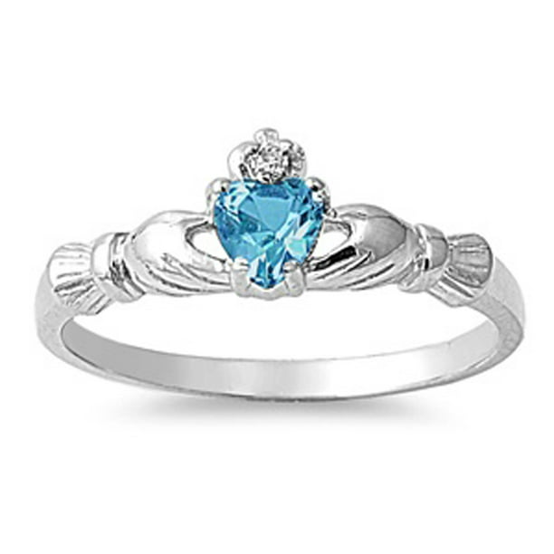 Princess Kylie Synthetic Aquamarine and Clear Cubic Zirconia Heart Ring Sterling Silver Size 8 